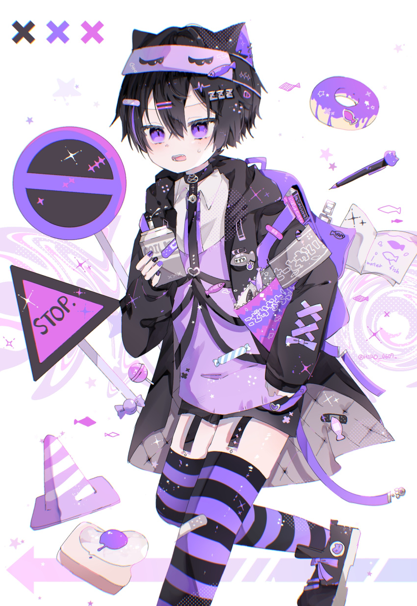 1boy, animal_ears, belt, black_footwear, black_hair, black_jacket, black_shorts, black_thighhighs