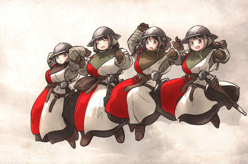 4girls, armor, boots, brown_hair, full_body, gambeson, gloves, helmet