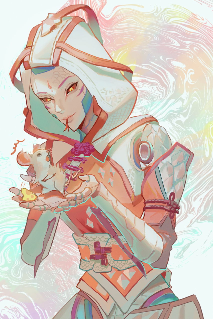 1girl, android, animal, apex_legends, ash_(titanfall_2), cable, cheese, colored_sclera, food, forked_tongue, highres, holding, holding_animal, hood, hood_up, leaning_forward, looking_down, mouse, obi, official_alternate_costume, opalescent_serpent_ash, red_sclera, reikichi, rope, sash, simulacrum_(titanfall), smile, solo, tongue, tongue_out, yellow_eyes