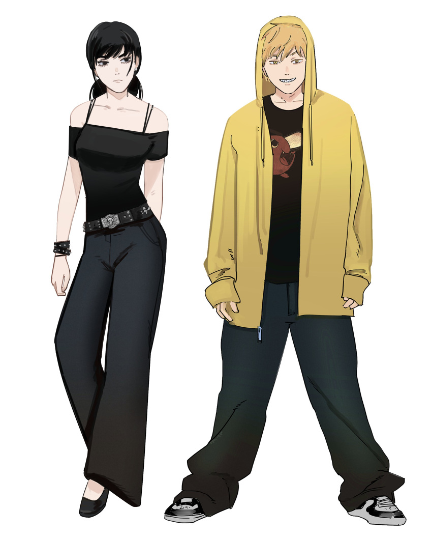 1boy, 1girl, absurdres, belt, black_belt, black_eyes, black_hair, black_pants