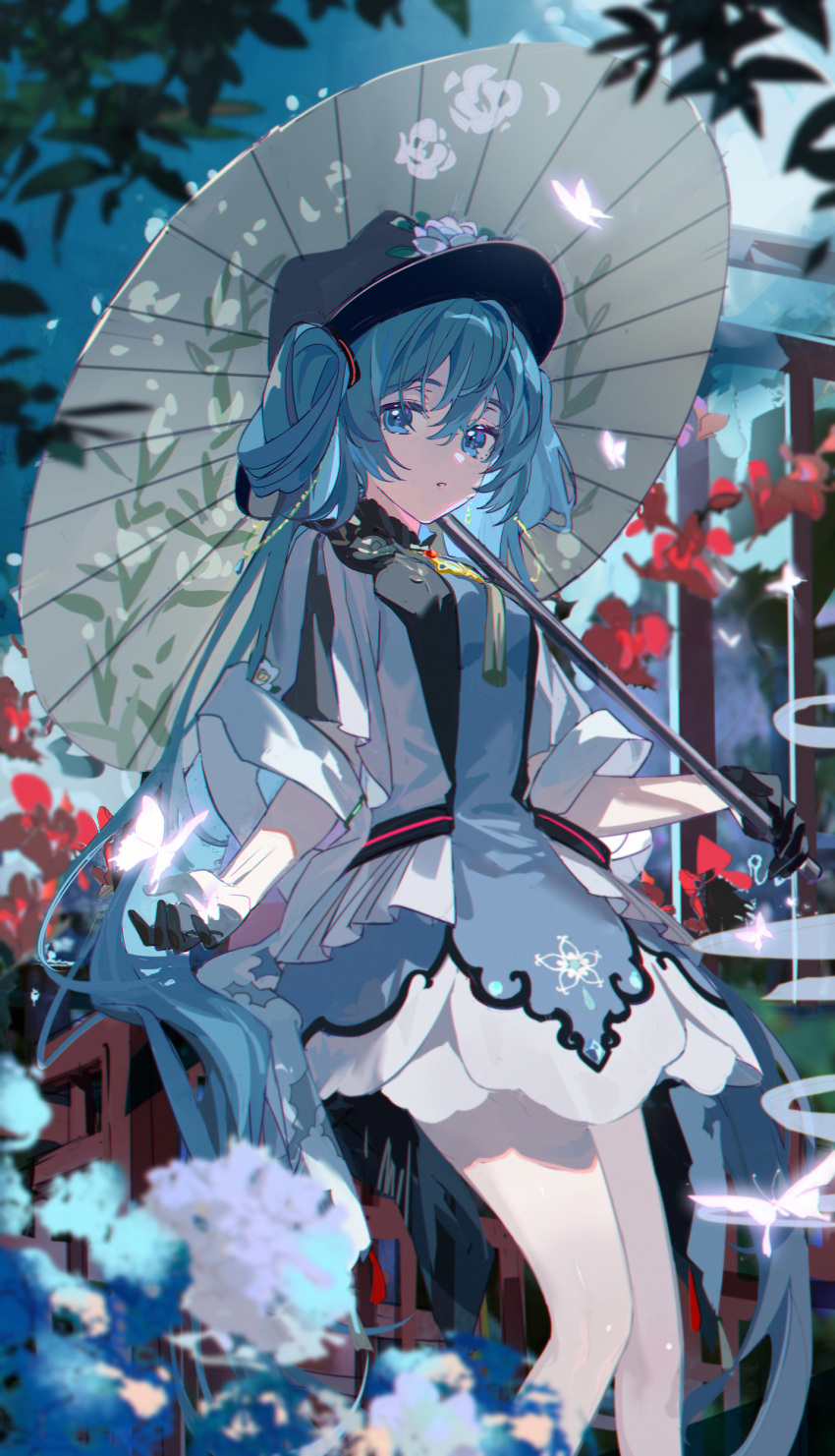 1girl, absurdly_long_hair, absurdres, aqua_dress, aqua_eyes, aqua_hair, black_gloves, black_headwear