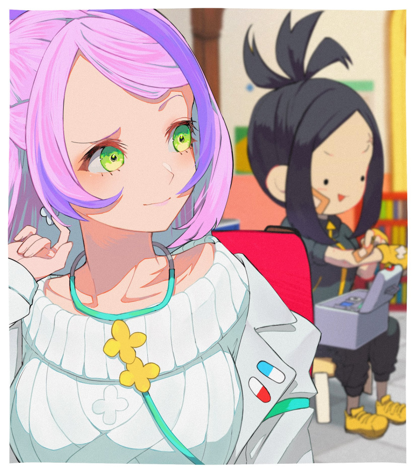 2girls, black_hair, black_track_suit, bow-shaped_hair, breasts, chibi, collarbone, dendra_(pokemon)