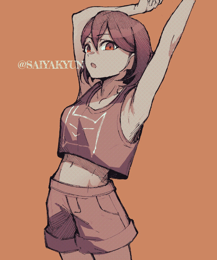 1girl, armpits, arms_up, breasts, commentary, cowboy_shot, crop_top, english_commentary