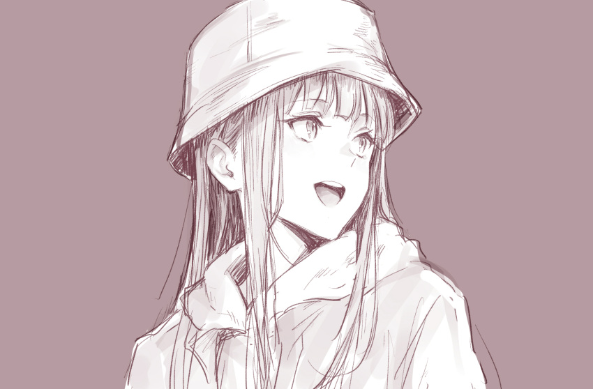 1girl, :d, hat, highres, kuon_nanami, long_hair, looking_away, looking_to_the_side