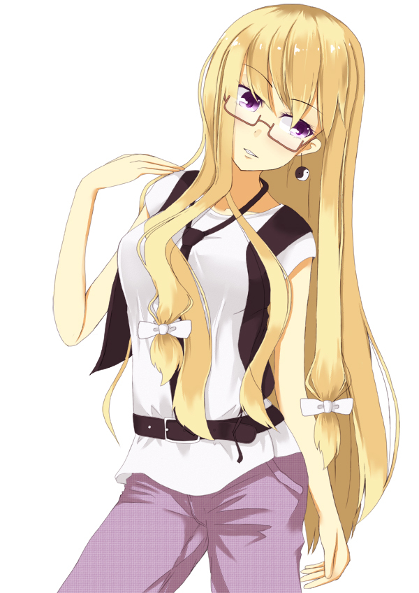 alternate_costume, bad_id, belt, bespectacled, blonde_hair, casual, contemporary, earrings