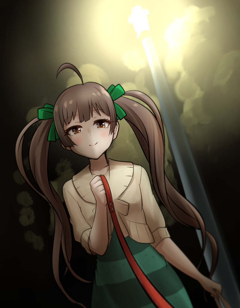 1girl, ahoge, bag, breasts, brown_cardigan, brown_eyes, brown_hair, cardigan