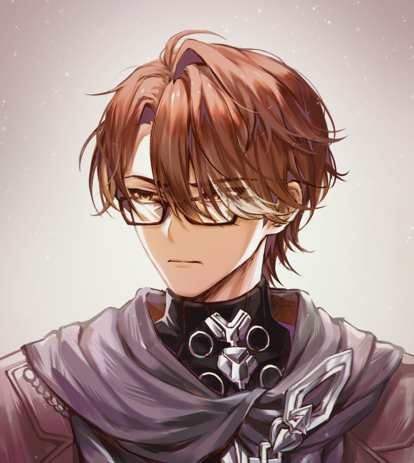 1boy, absurdres, black-framed_eyewear, brown_hair, brown_jacket, closed_mouth, gradient_background, grey_background