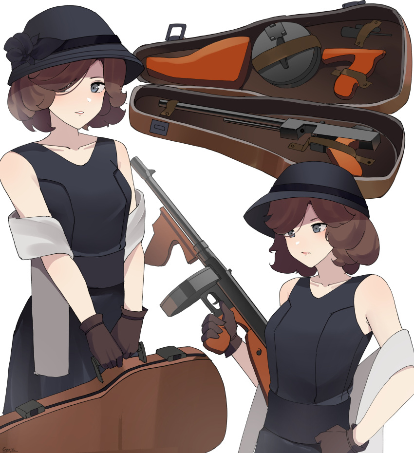 1girl, absurdres, blue_eyes, brown_gloves, brown_hair, cloche_hat, drum_magazine, flapper_girl