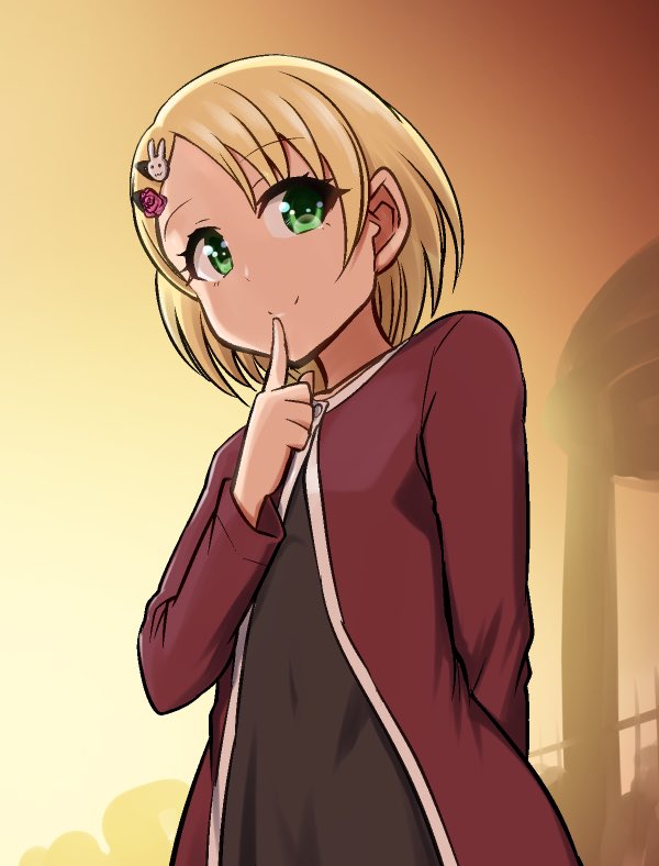 1girl, alternate_eye_color, alternate_hair_color, arm_behind_back, black_dress, blonde_hair, commentary_request, dress