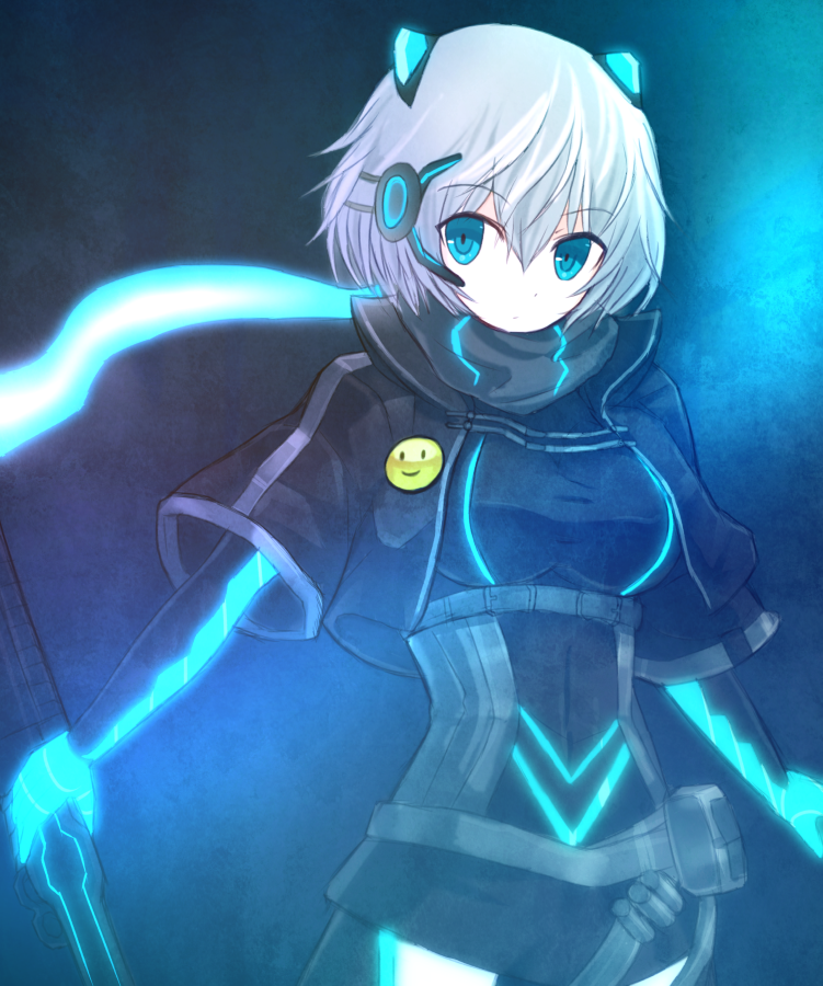 1girl, black_jacket, black_scarf, black_shirt, black_skirt, blue_eyes, cowboy_shot, elbow_gloves