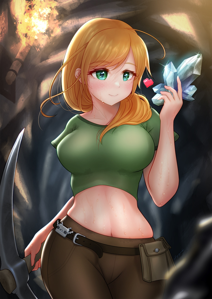 absurdres, alex_(minecraft), belt, blonde_hair, breasts, cave, crop_top, crystal