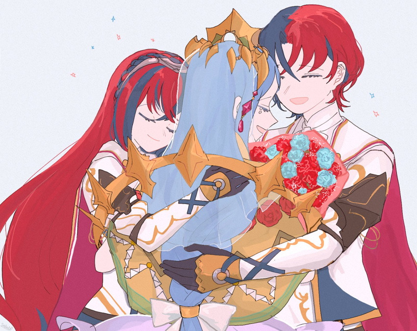 1boy, 2girls, alear_(female)_(fire_emblem), alear_(fire_emblem), alear_(male)_(fire_emblem), bird, black_gloves, blue_hair
