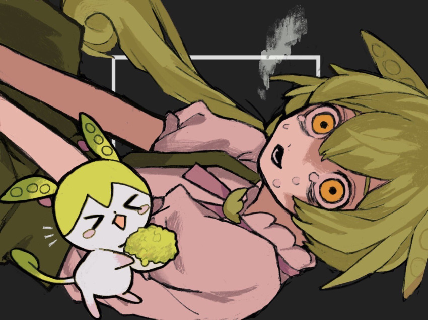>_<, 1girl, anata_wa_sekai_no_owari_ni_zunda_wo_taberu_no_da_(voicevox), bags_under_eyes, black_background, breath, brooch, chestnut_mouth, commentary_request, cowboy_shot, creature, creature_and_personification, crying, crying_with_eyes_open, empty_eyes, green_hair, green_shorts, jewelry, long_hair, looking_at_viewer, low_ponytail, neck_ribbon, notice_lines, nou_325, open_mouth, pink_ribbon, puffy_short_sleeves, puffy_shorts, puffy_sleeves, ribbon, shirt, short_sleeves, shorts, sideways, square, suspender_shorts, suspenders, tears, v_arms, voiceroid, voicevox, white_shirt, wide-eyed, zunda_mochi, zundamon