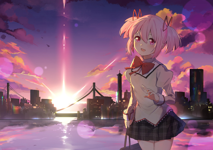 1girl, arm_at_side, arusuko, bag, black_skirt, blurry, bokeh, bridge