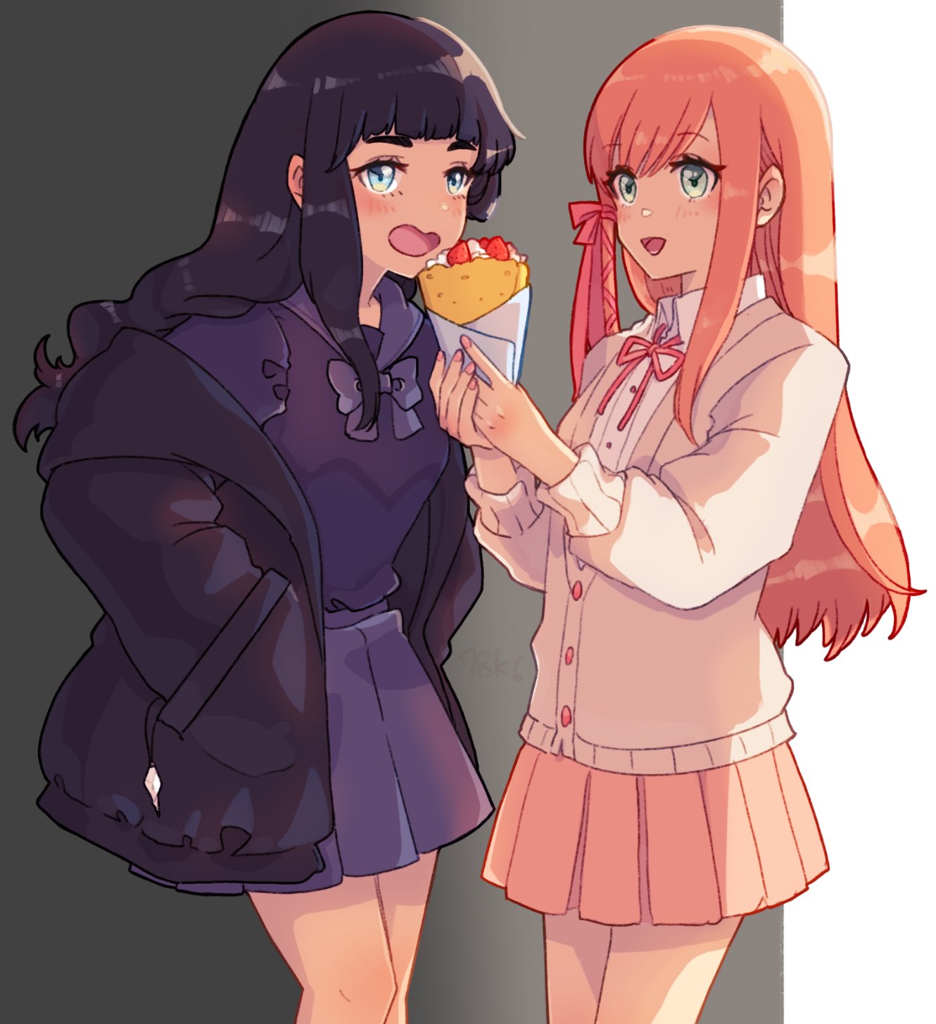 2girls, black_hair, black_jacket, blue_eyes, bow, bowtie, collared_shirt, commentary_request
