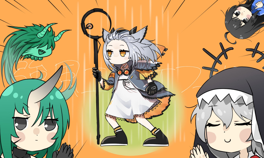 4girls, animal_ears, arknights, armband, closed_eyes, gloves, goggles, green_hair, highres, holding, holding_staff, horns, hoshiguma_(arknights), kyoufuu_all_back_(vocaloid), landl, multiple_girls, no_mouth, nun, oni_horns, orange_background, orange_eyes, ptilopsis_(arknights), single_horn, specter_(arknights), staff, thumbs_up, vocaloid
