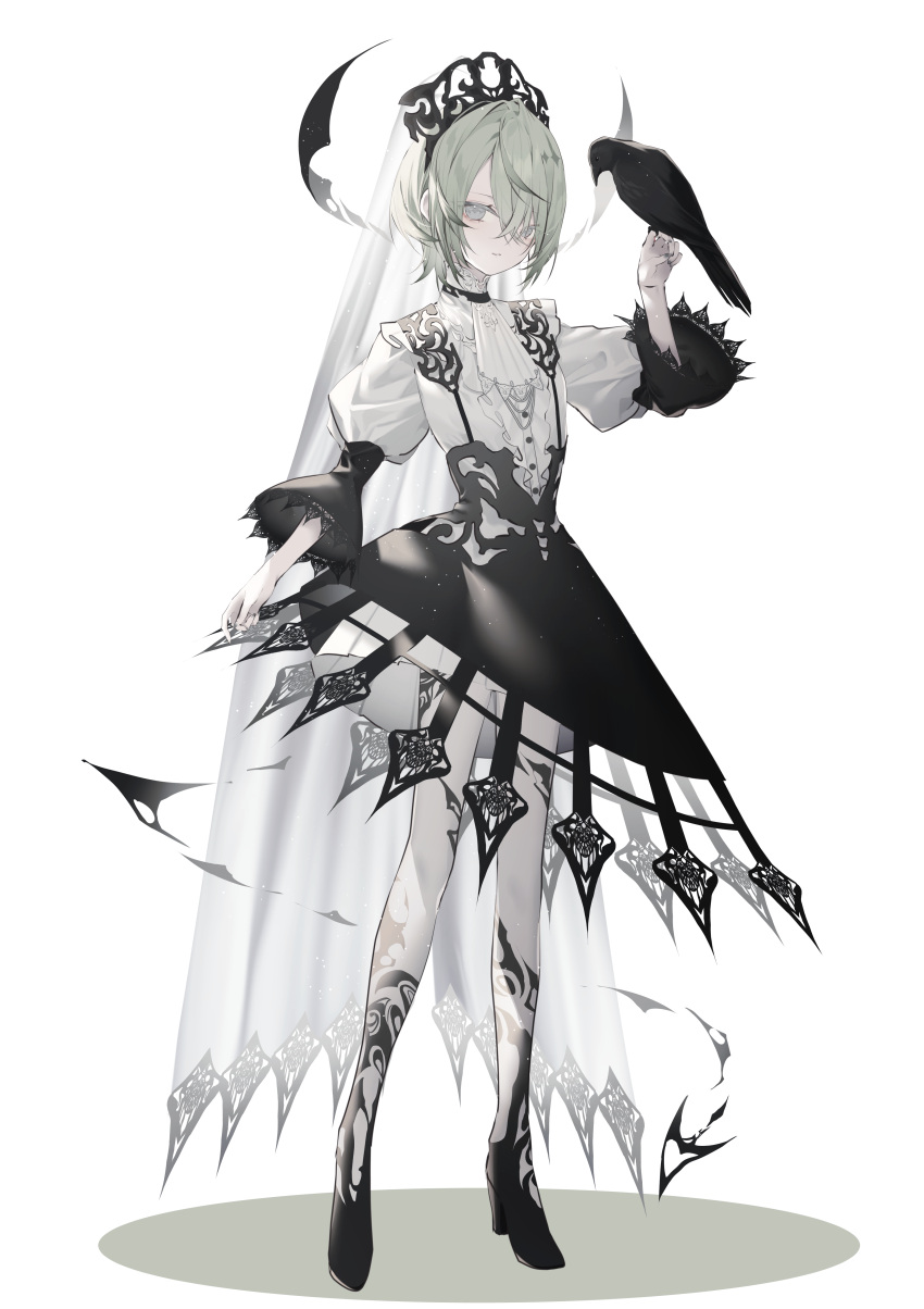1girl, absurdres, animal, arm_at_side, asymmetrical_clothes, asymmetrical_dress, bird, black_dress