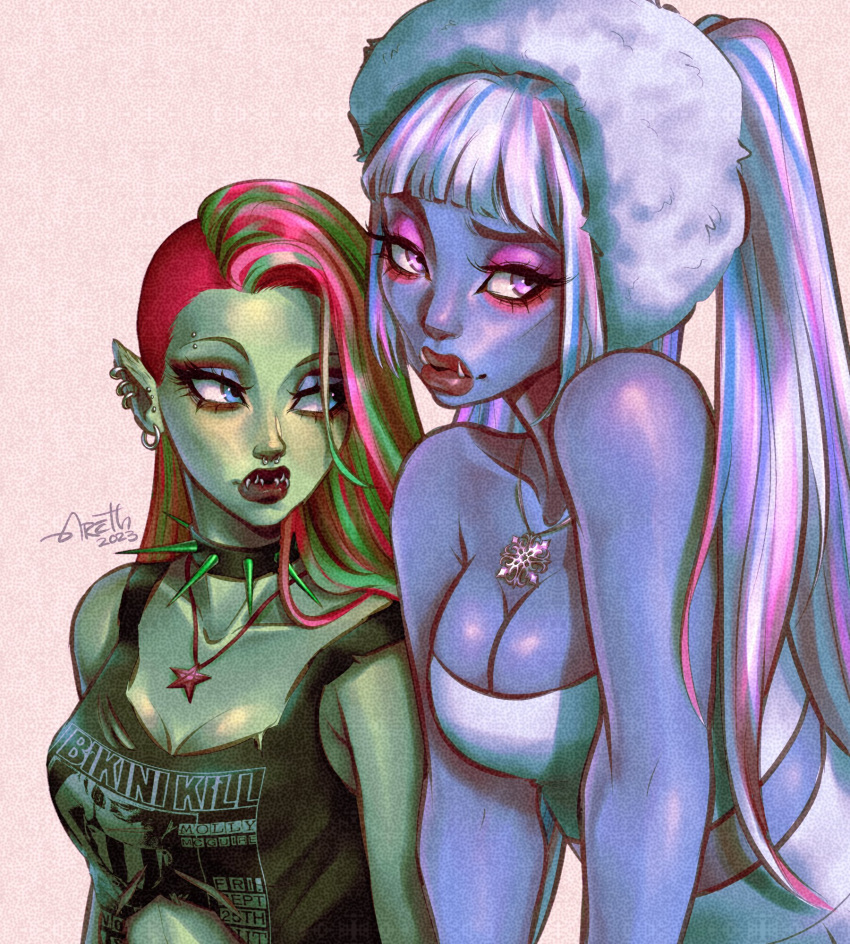 2girls, abbey_bominable, alternate_costume, alternate_hairstyle, aqua_hair, arethsart, black_tank_top, blue_eyes