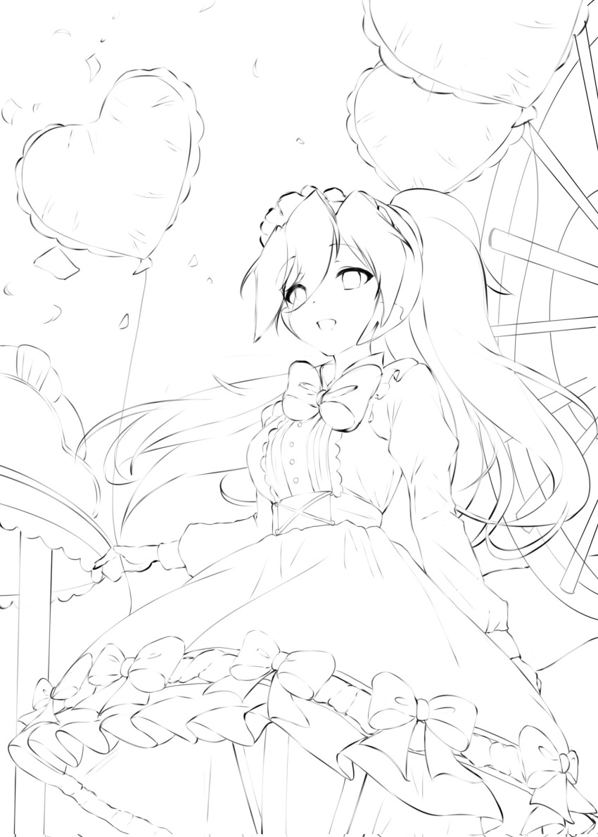 1girl, alternate_costume, amusement_park, balloon, bow, ciel_(mega_man), dress, frilled_dress