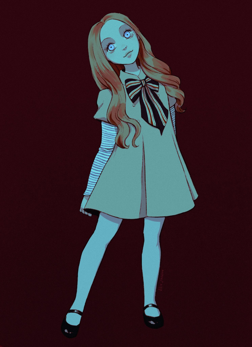 1girl, arms_at_sides, bev_johnson, black_footwear, blonde_hair, brown_dress, closed_mouth, dress, forehead, full_body, grey_eyes, highres, long_hair, long_sleeves, looking_at_viewer, m3gan, m3gan_(character), mary_janes, neck_ribbon, ribbon, shoes, simple_background, smile, solo, standing, striped, striped_ribbon