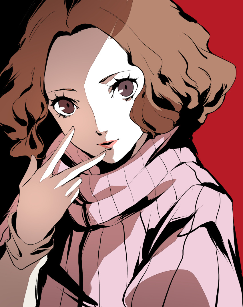 1girl, absurdres, brown_eyes, brown_hair, highres, lips, long_sleeves, looking_at_viewer