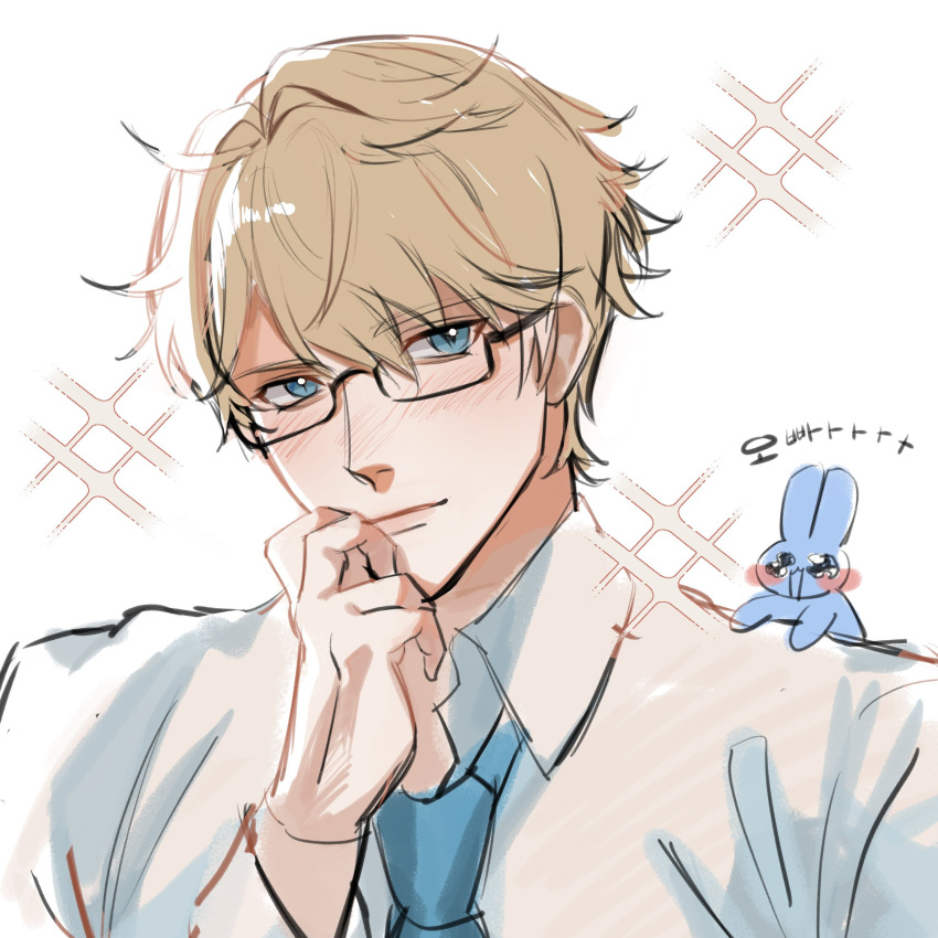1boy, bishounen, blonde_hair, blue_eyes, blush, gepard_landau, glasses, hand_up