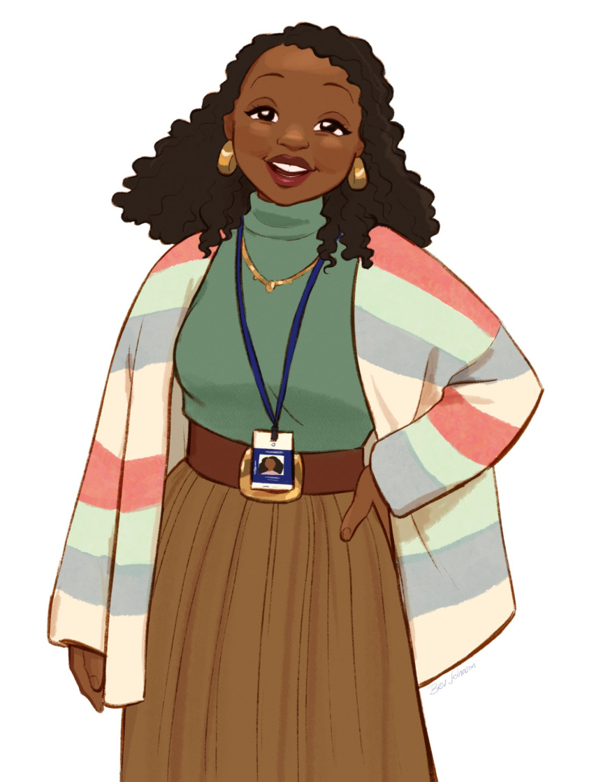 1girl, abbott_elementary, belt, bev_johnson, black_eyes, black_hair, brown_belt, brown_skirt