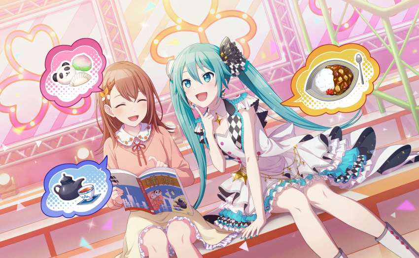 2girls, ankle_boots, aqua_dress, aqua_eyes, aqua_hair, aqua_nails, arm_support, back_bow