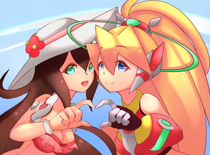 2girls, blonde_hair, blue_eyes, breasts, brown_hair, ciel_(mega_man), frills, green_eyes