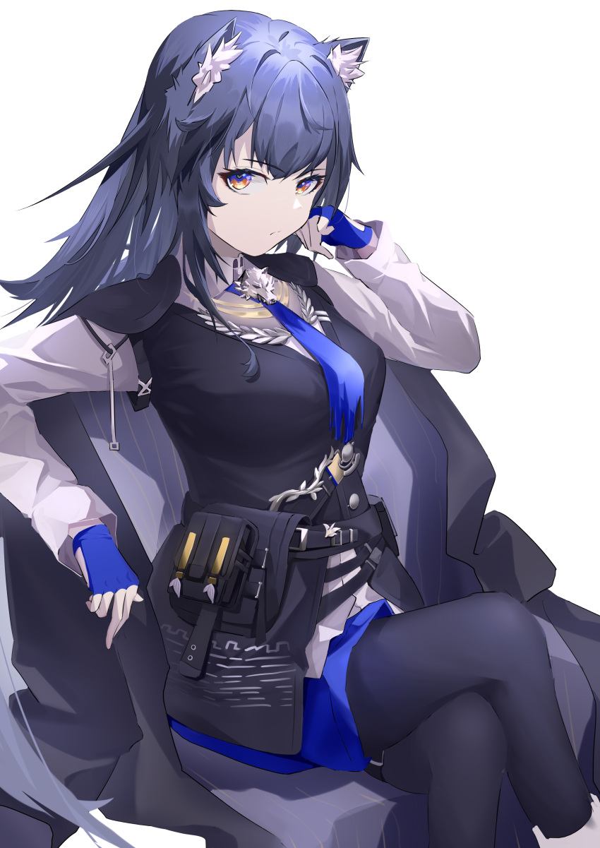 1girl, absurdres, animal_ears, arknights, black_hair, black_pantyhose, black_vest, blue_gloves