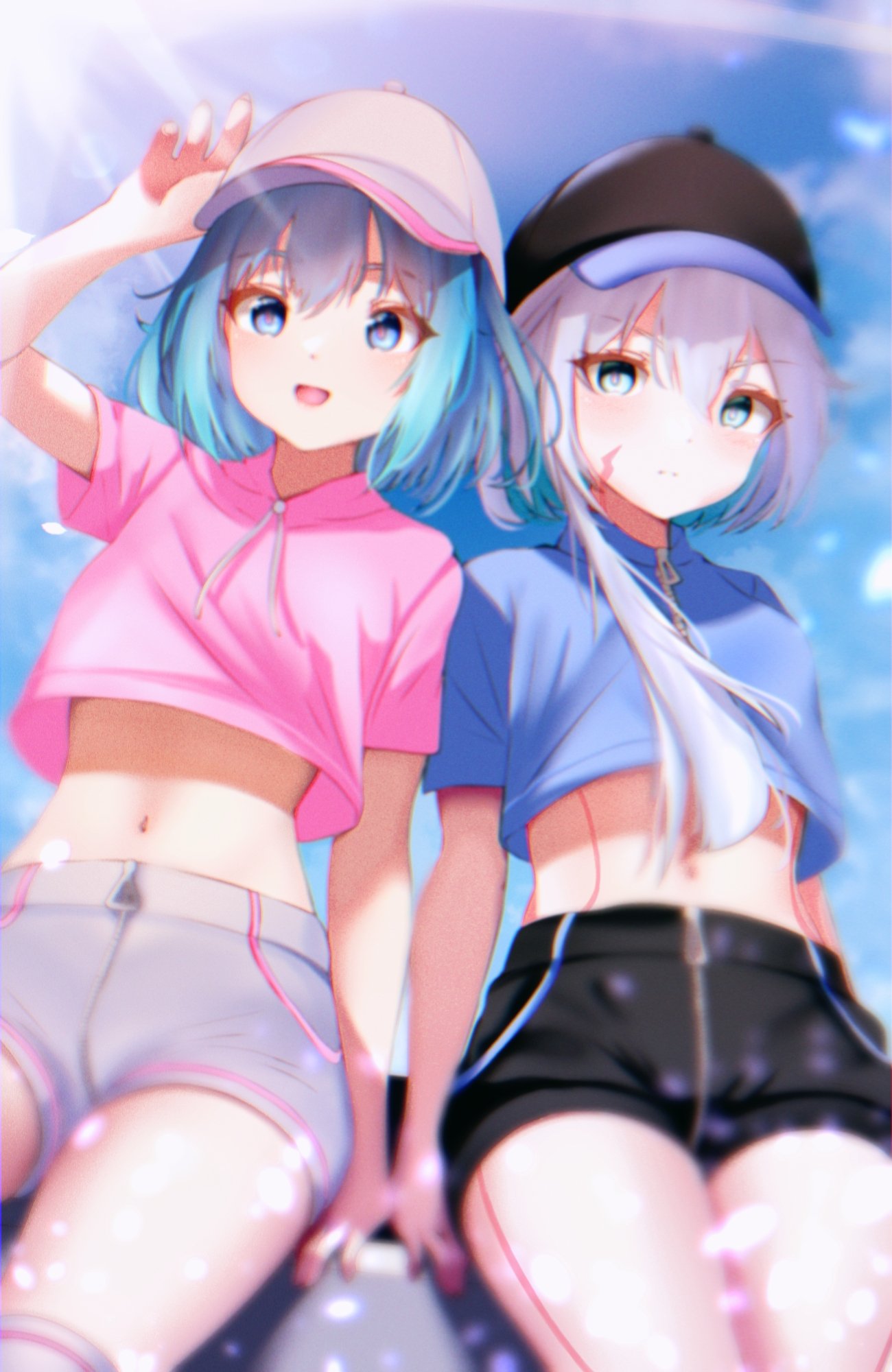 2girls, alternate_costume, belly, blue_eyes, blue_hair, crop_top, green_eyes, hair_between_eyes