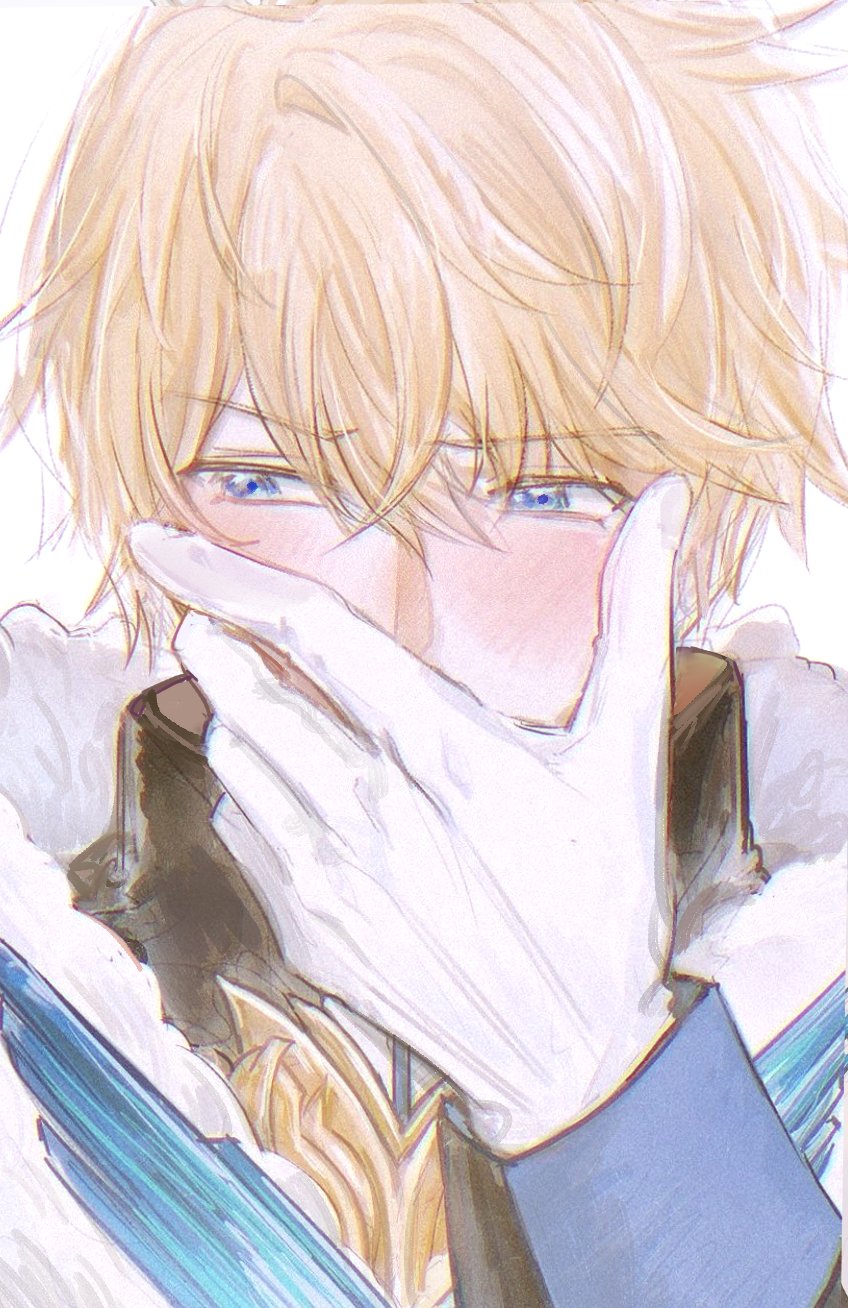 1boy, bishounen, blonde_hair, blue_eyes, blush, colored_pencil_(medium), covering_mouth, gepard_landau, gloves, highres, honkai:_star_rail, honkai_(series), male_focus, short_hair, solo, toupou39, traditional_media, upper_body, white_background, white_gloves