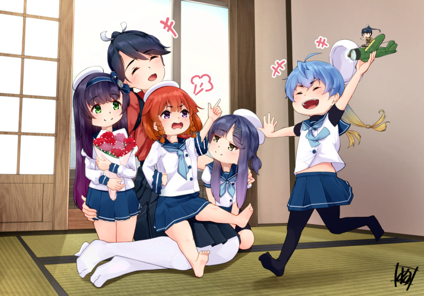 black_hair, black_hakama, blonde_hair, blue_hair, blue_neckerchief, blue_skirt, bob_cut, bouquet
