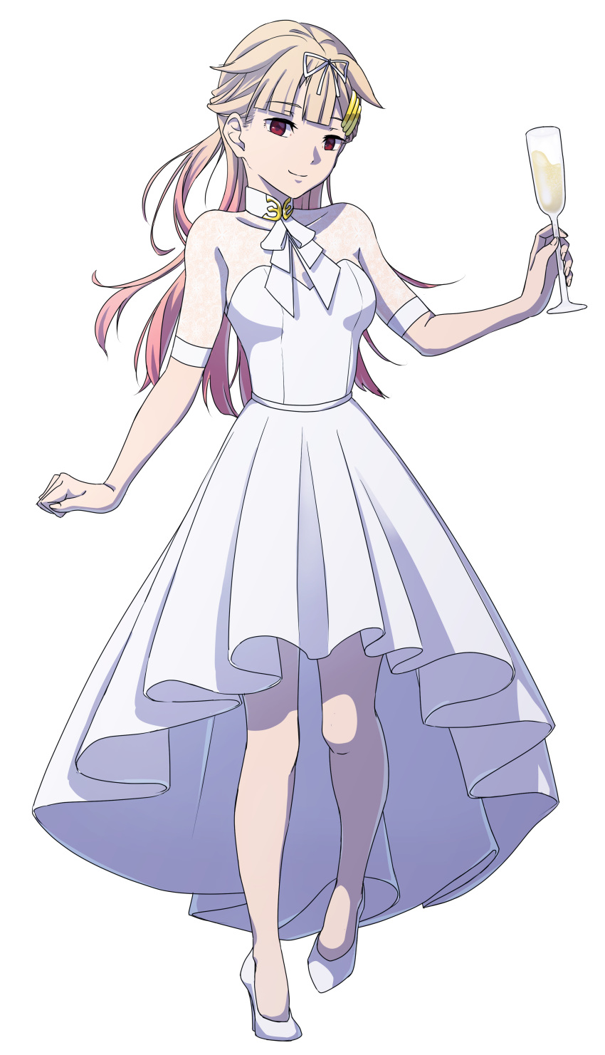 1girl, absurdres, alternate_costume, anya_(anyapoiiii), blonde_hair, cup, dress, drinking_glass, gradient_hair, hair_flaps, hair_ornament, hair_ribbon, hairclip, high_heels, highres, holding, holding_cup, kantai_collection, long_hair, looking_at_viewer, multicolored_hair, red_eyes, ribbon, solo, white_dress, white_footwear, white_ribbon, yuudachi_(kancolle), yuudachi_kai_ni_(kancolle)