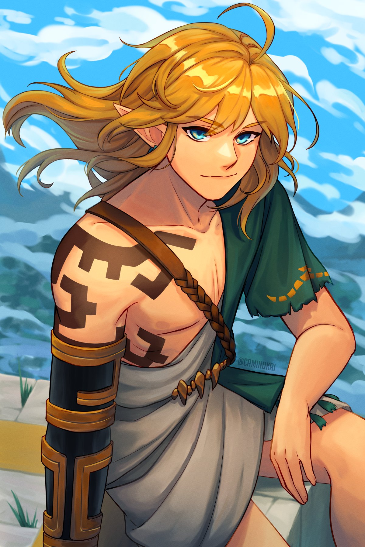 1boy, ahoge, arm_tattoo, artist_name, blonde_hair, caminukai, closed_mouth, clouds