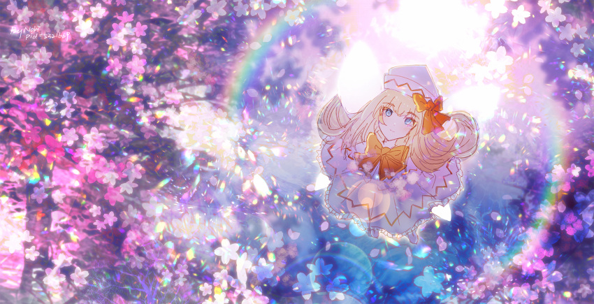 1girl, blonde_hair, blue_eyes, bow, bowtie, cherry_blossoms, closed_mouth, commentary