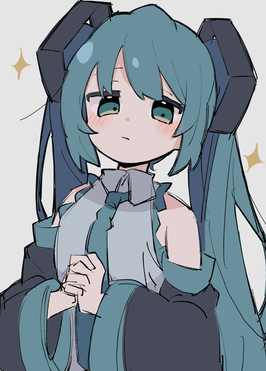 1girl, aqua_eyes, aqua_hair, aqua_necktie, bare_shoulders, black_sleeves, blush, closed_mouth
