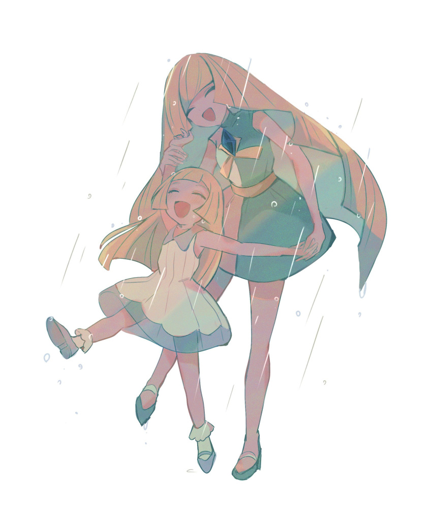 2girls, :d, absurdres, affectionate, anzu_(01010611), bare_arms, blonde_hair, blunt_bangs, collared_dress, commentary_request, dress, green_dress, green_footwear, happy, highres, holding_hands, lillie_(pokemon), long_hair, lusamine_(pokemon), mother_and_daughter, multiple_girls, open_mouth, pokemon, pokemon_(game), pokemon_sm, rain, see-through, shoes, short_dress, sleeveless, sleeveless_dress, smile, socks, sundress, white_background, white_dress