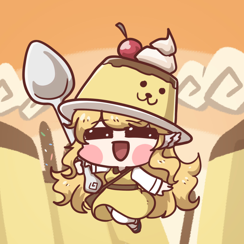 chibi, food, forgemod1oader, goddess_of_war_plitvice, guardian_tales, highres, pudding, spoon