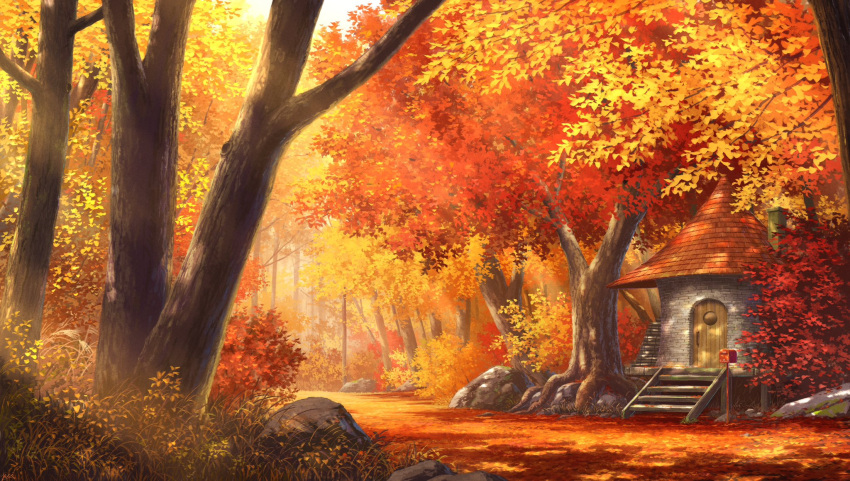 autumn, autumn_leaves, brick_wall, building, cottage_(building), door, firewood, highres