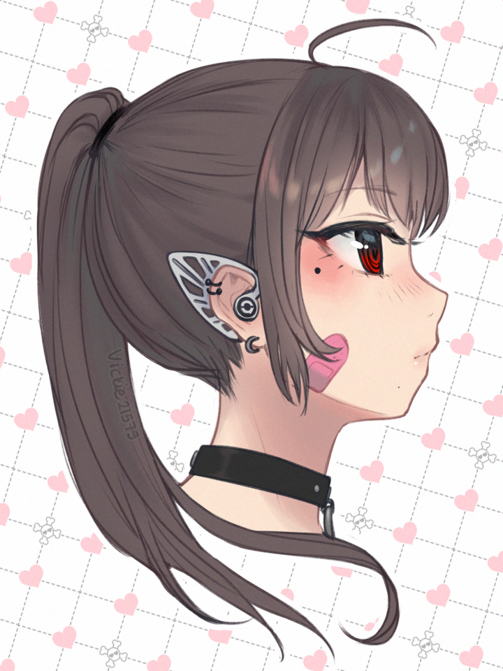 1girl, ahoge, bandaid, bandaid_on_cheek, bandaid_on_face, black_collar, brown_hair, closed_mouth
