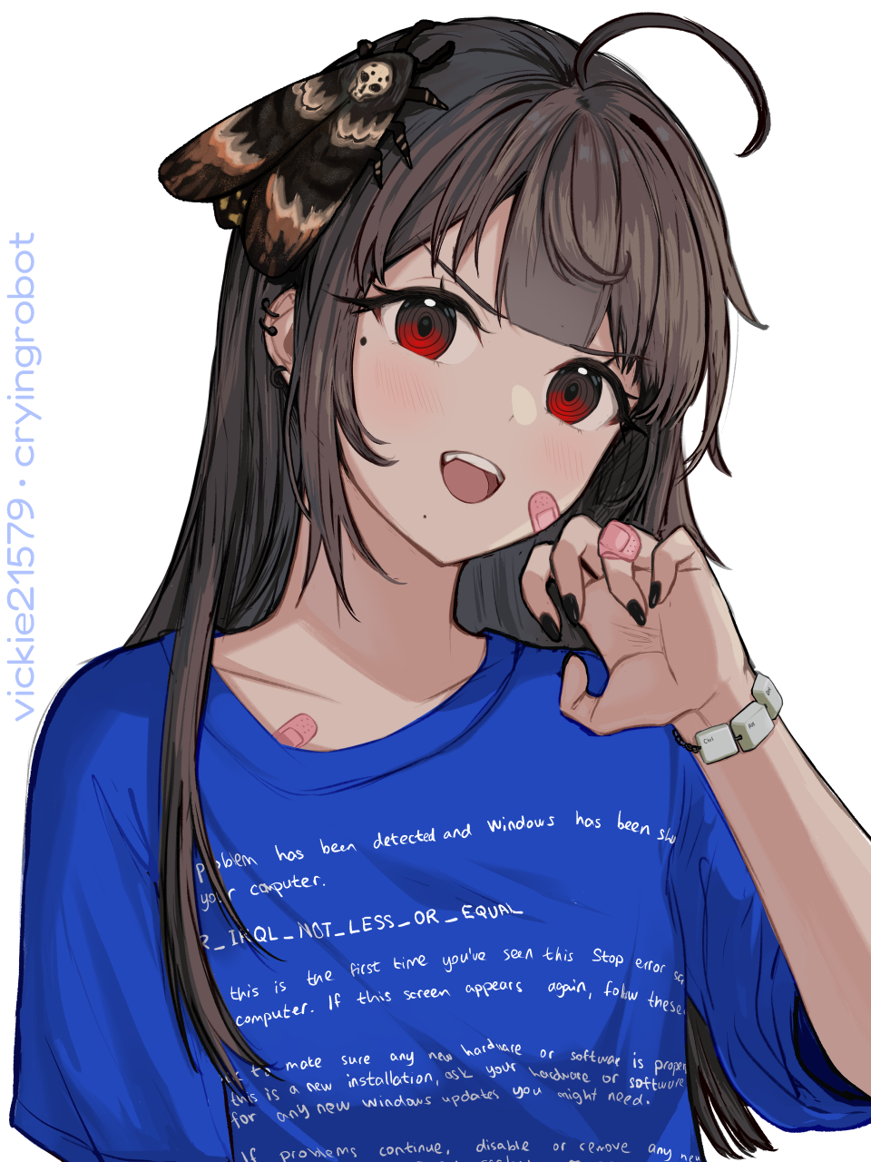 1girl, ahoge, animal_on_head, artist_name, bandaid, bandaid_on_cheek, bandaid_on_chest, bandaid_on_face