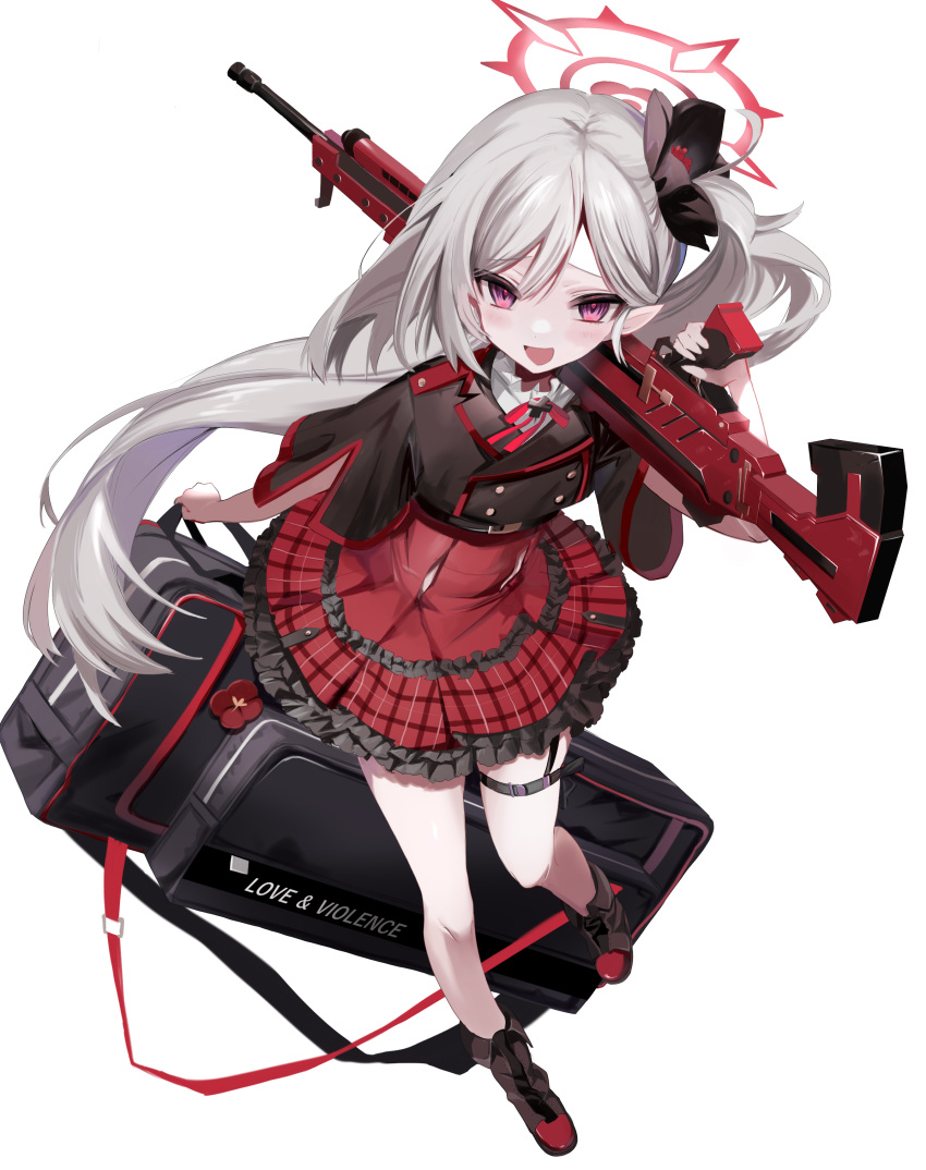 1girl, absurdres, bag, belt, blue_archive, full_body, grey_hair, gun
