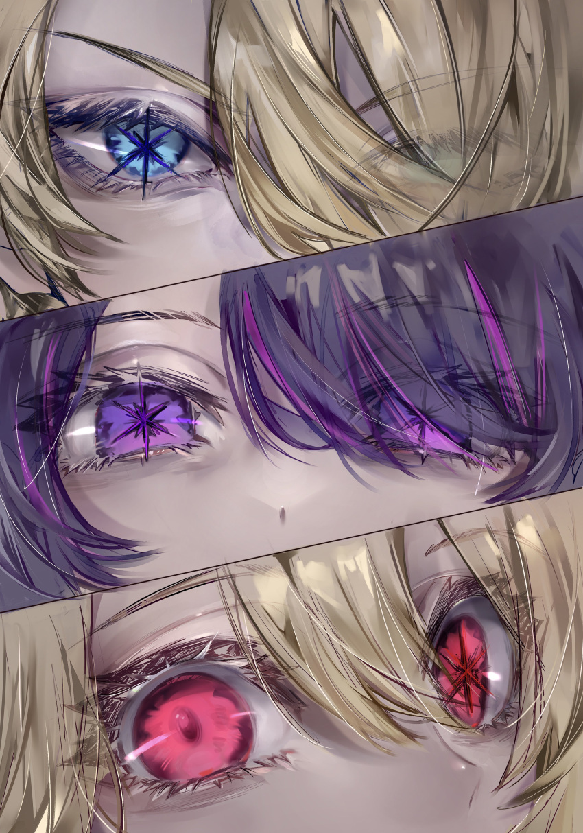 1boy, 2girls, absurdres, blonde_hair, blue_eyes, close-up, commentary_request, eye_focus