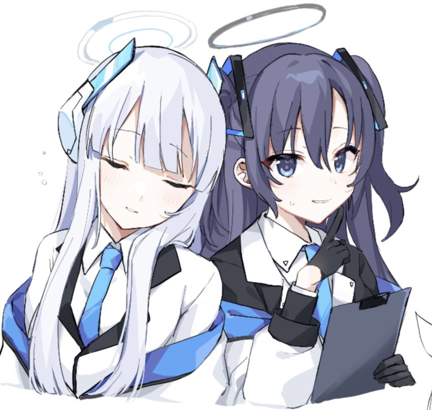 2girls, ao_(mintz), black_gloves, black_suit, blue_archive, blue_eyes, blue_necktie, closed_eyes
