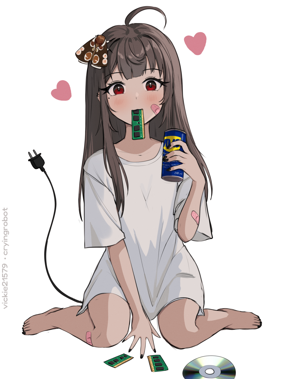 1girl, ahoge, animal_on_head, artist_name, bandaid, bandaid_on_arm, bandaid_on_cheek, bandaid_on_face