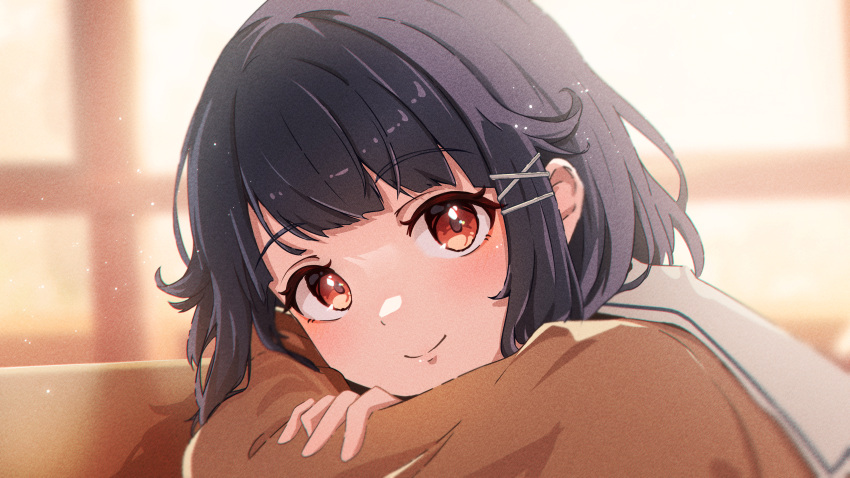 1girl, absurdres, arm_on_table, bang_dream!, black_hair, blunt_bangs, blurry, blurry_background