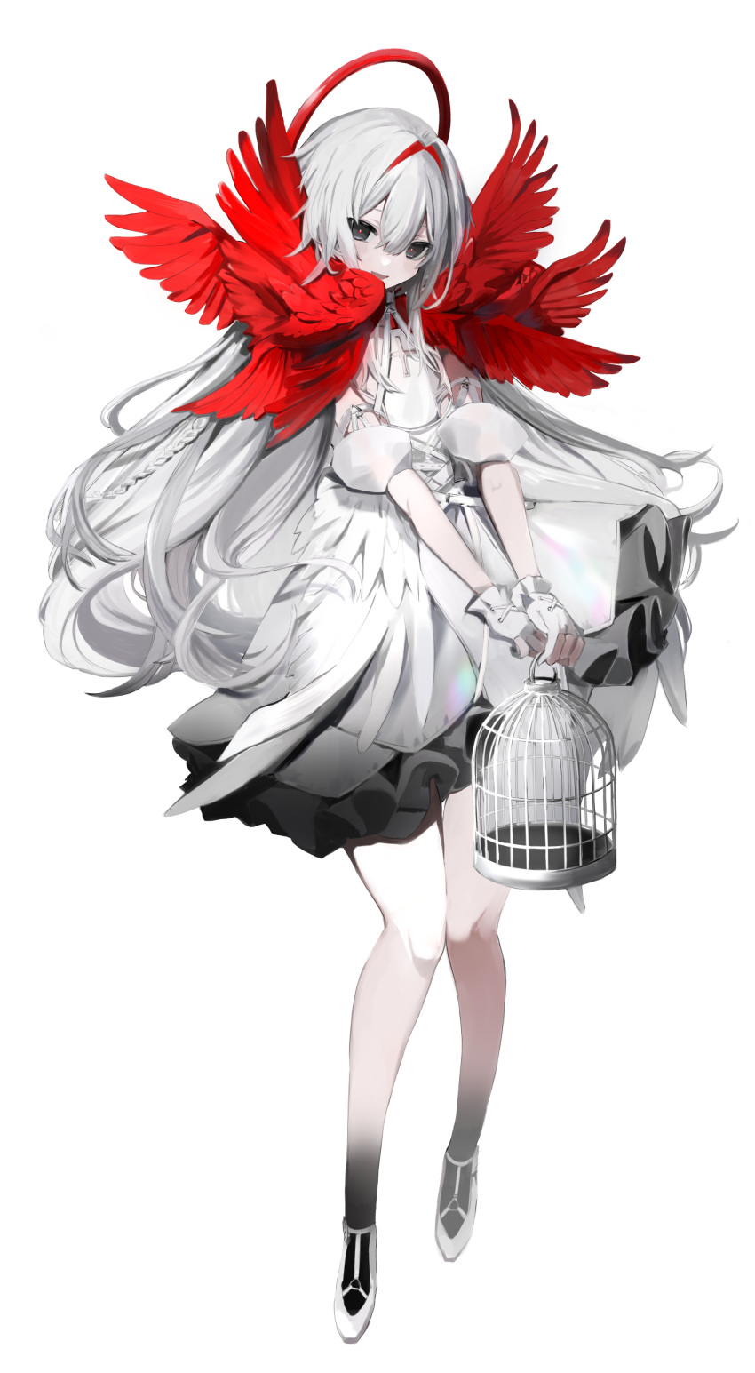 1girl, :d, absurdres, birdcage, cage, clothing_cutout, cross_cutout, dress