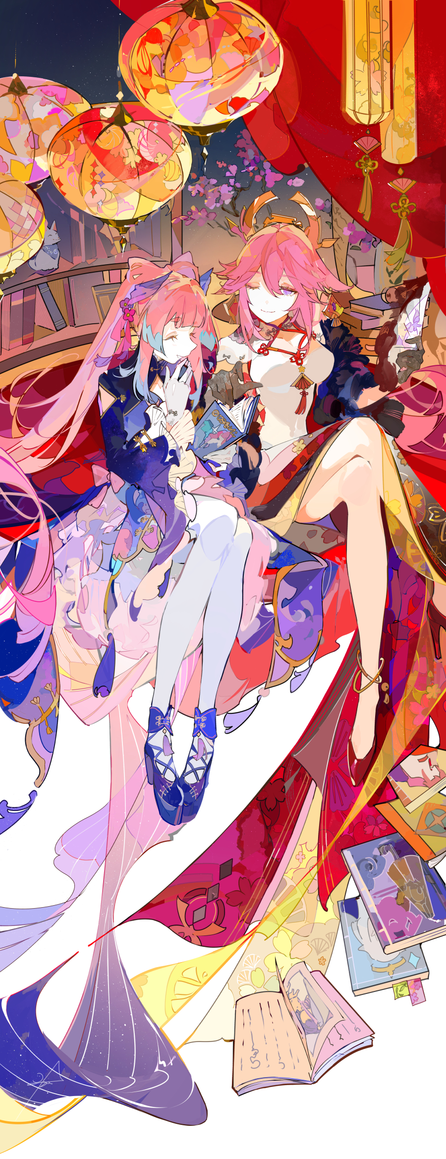 2girls, alternate_costume, animal_ears, blue_hair, bow-shaped_hair, crossed_legs, ezu_(e104mjd), fox_ears, fox_girl, genshin_impact, gloves, high_ponytail, highres, japanese_clothes, lantern, multicolored_hair, multiple_girls, one_eye_closed, pink_hair, sangonomiya_kokomi, sitting, violet_eyes, white_gloves, yae_miko