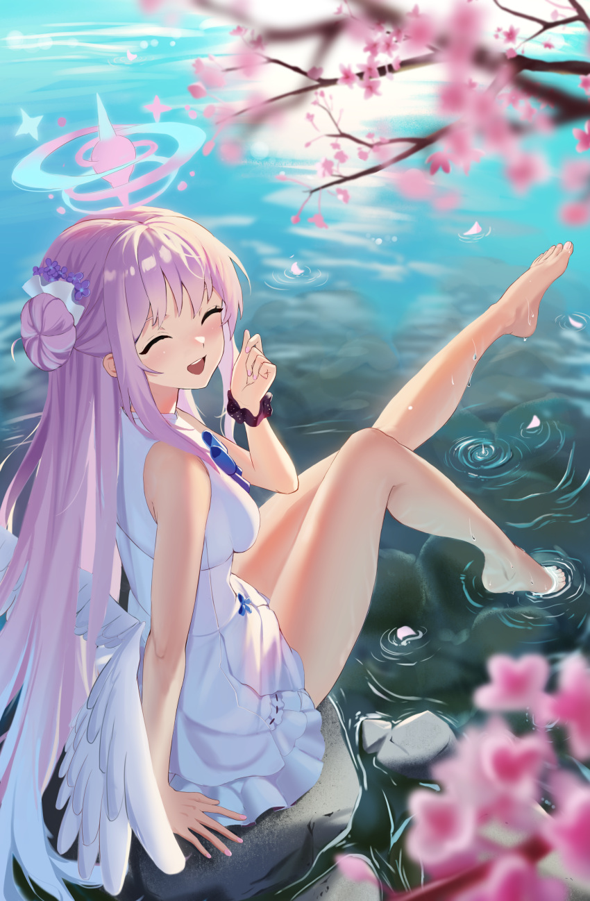 1girl, absurdres, bare_legs, bare_shoulders, barefoot, blue_archive, blue_ribbon, dress